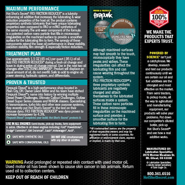 HOT SHOT'S SECRET HSSFR316Z FR3 FRICTION REDUCER OIL ADDITIVE - 1 qt (32 oz)
