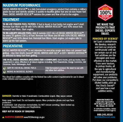 HOT SHOT'S SECRET DIESEL WINTER RESCUE EMERGENCY FUEL ADDITIVE DWR32Z